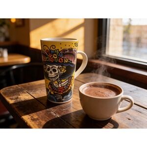 Mexico Catrina Day of the Dead Yellow Ceramic Latte Mug Cancun Riviera Maya 6in